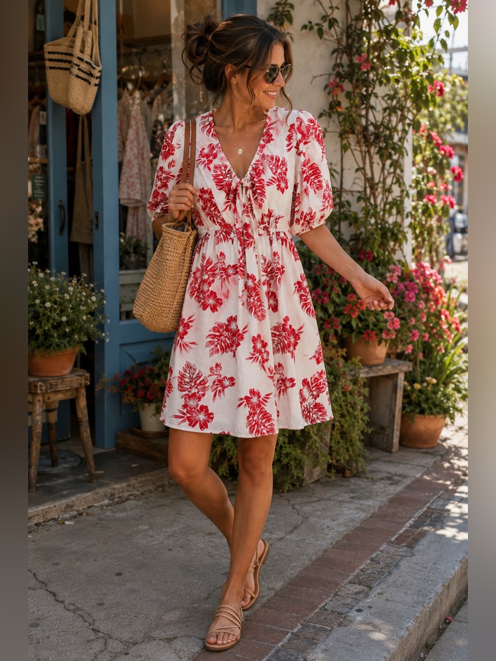 NWT Sim & Sam Anthropologie Floral Plunge V-Neck Babydoll Mini Dress Red White S